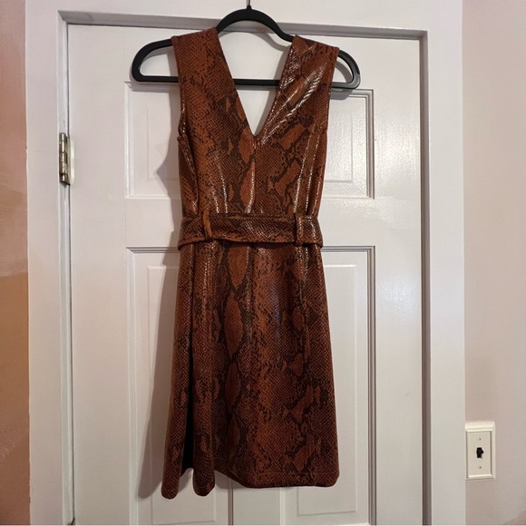 #144 AQUA BROWN SNAKESKIN BELTED SLEEVELESS DRESS SMALL - Picture 3 of 7